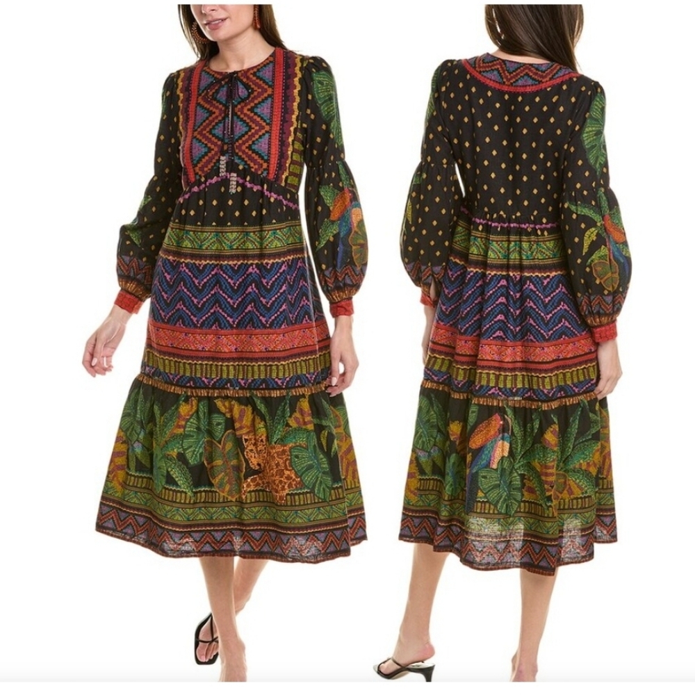 Farm Rio Forest Tapestry Linen-Blend Midi Dress sz small Preowned‎